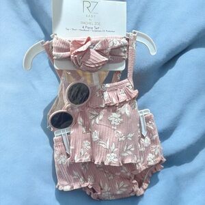 NWT 🌸Rachel Zoe Baby Pink Floral 4-Piece Set 0/3 M w headband and sunglasses